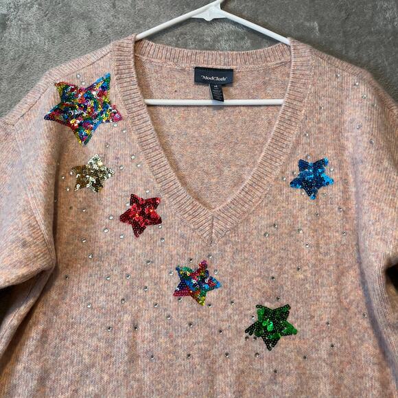 Modcloth Sz M Sparkles and Stardust Embellished V-Neck Wool Blend Sweater Womens - Picture 2 of 6